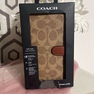 COACH Signature IPhone 15 PRO Magnetic Brown Folio Case W 3 Card Slots